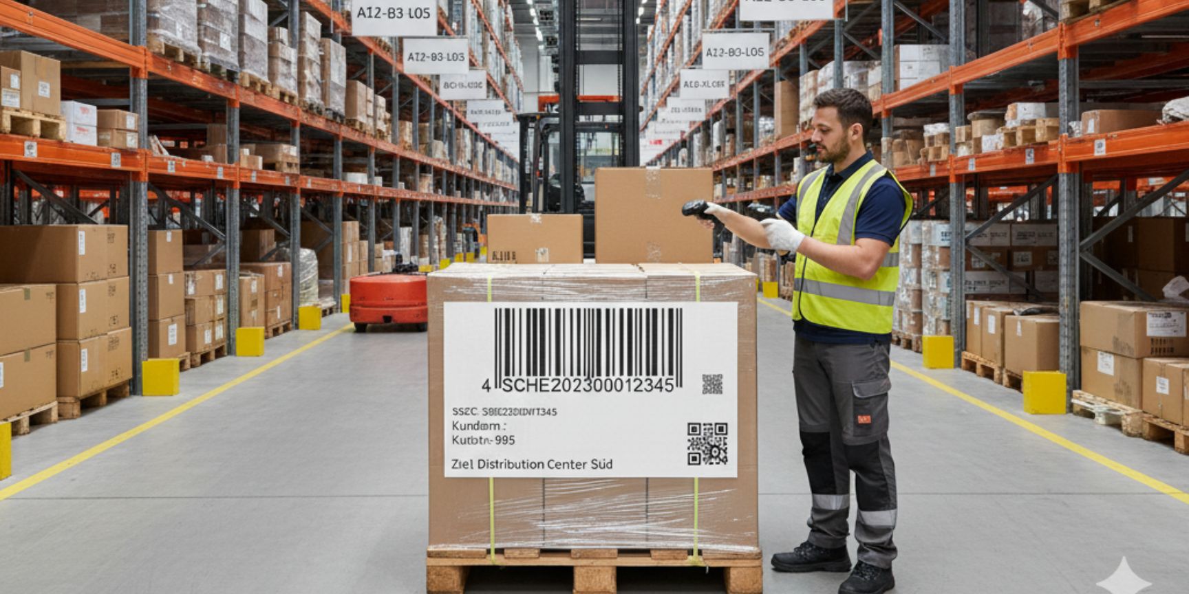A warehouse worker in a high-visibility vest scans a large barcode on a pallet in a modern high-bay warehouse. The shelves are fully loaded with parcels and pallets, and clearly visible storage location markings with alphanumeric codes such as A12-B3-L05 hang on the rows of shelves. A forklift can be seen in the background. The image illustrates the role of labelling in identification and the flow of goods in warehouse logistics